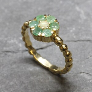 Gold Flower Ring, Natural Emerald Ring, Opal Ring, Green Daisy Ring, Gold Plated Ring, May Birthstone, Vintage Ring, Dainty Flower Ring