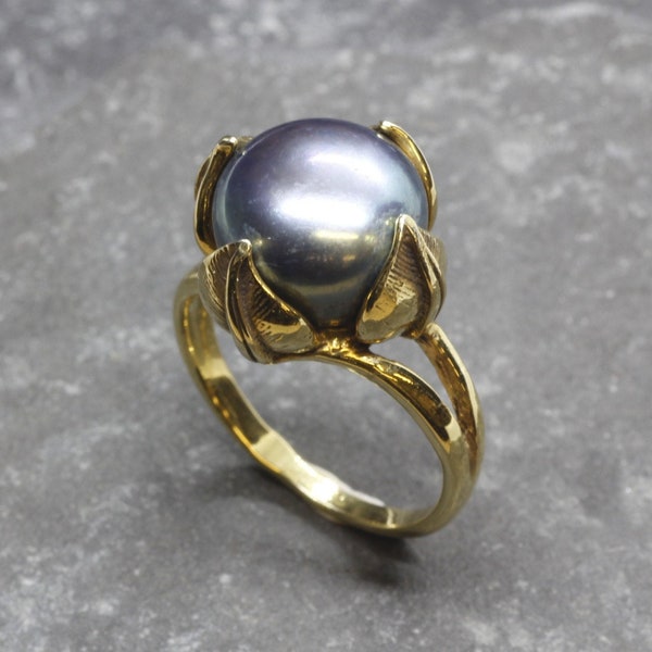 Bague en perle noire, perle naturelle, bague en or, bague ancienne, bague feuille, bague vintage, bague plaquée or, pierre de naissance de juin, bague en vermeil