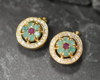 Gold Emerald Earrings, Natural Emerald, May Birthstone, Flower Earrings, Ruby Earrings, Natural Ruby, July Birthstone, Solid Silver, Emerald