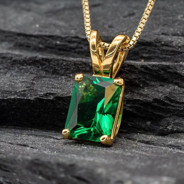 Gold Emerald Pendant, Created Emerald, Radiant Pendant, Octagon Pendant, Emerald Cut Pendant, Small Emerald Pendant, Dainty Emerald Pendant