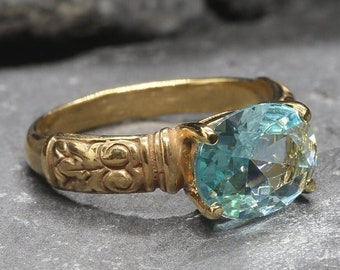 Gold Aquamarine Ring, Created Aquamarine, Horizontal Ring, Aquamarine Ring, Vintage Ring, Blue Diamond Ring, Gold Ring, Solid Silver Ring