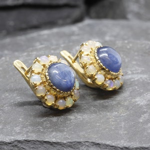 Gold Victorian Earrings, Natural Kyanite, Natural Opal, Fire Opal Earrings, Antique Earrings, Round Earrings, Large Studs, Vermeil Earrings