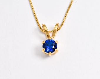 Gold Sapphire Necklace, Created Sapphire, Round Blue Pendant, Royal Blue Necklace, September Birthstone Gift, Gift For Her, Gold By Adina