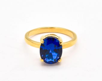 Gouden saffierring, gemaakte saffier, verlovingsring, vergulde ring, 3 karaat solitaire, beloftering, voorstelring, gouden vermeilring