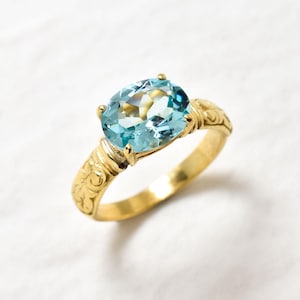 Gold Aquamarine Ring, Created Aquamarine, Horizontal Ring, Aquamarine Ring, Vintage Ring, Blue Diamond Ring, Gold Ring, Solid Silver Ring