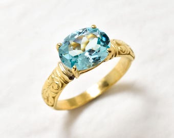 Gold Aquamarine Ring, Created Aquamarine, Horizontal Ring, Aquamarine Ring, Vintage Ring, Blue Diamond Ring, Gold Ring, Solid Silver Ring
