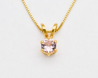 Gold Morganite Necklace, Dainty Pink Necklace, Round Minimalist Pendant, Gift For Her, Created Morganite Pendant, Pink Gemstone Necklace