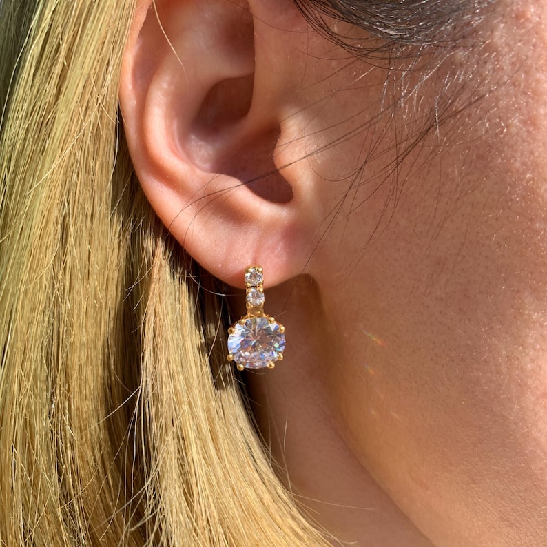 Gold CZ Earrings, Diamond Earrings, 2 carat Diamond, Created Diamond, Bridal Diamond Earrings, Bridal Earrings, CZ Diamonds, Solid Silver image 2