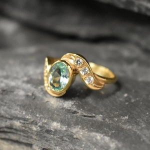 Gold Aquamarine Ring, Created Aquamarine, Blue Diamond Ring, Gold Vintage Ring, Aqua Gold Ring, Aquamarine Ring, Aqua Ring, 925 Silver Ring
