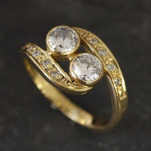 Gold Diamond Ring, Created Diamond, 2 Stone Ring, Dainty Gold Ring, Vintage Ring, Asymmetric Ring, Sparkly Ring, Solid Silver Ring, CZ Ring