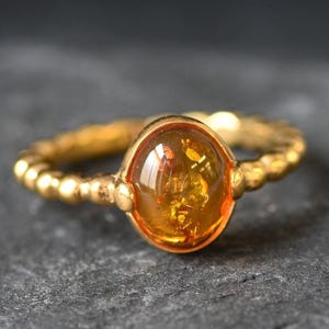 Gold Amber Ring, Natural Amber, Gold Plated Ring, Solitaire Ring, 3 Carat Ring, Honey Stone Ring, Bubble Band, Stackable Ring, Gold Vermeil