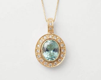Gold Aqua Pendant, Created Aquamarine, Victorian Pendant, Gold Vintage Pendant, Blue Diamond Pendant, Victorian Necklace, 18K Gold Vermeil