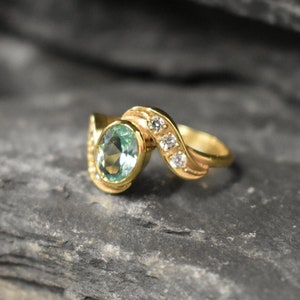 Gold Aquamarine Ring, Created Aquamarine, Blue Diamond Ring, Gold Vintage Ring, Aqua Gold Ring, Aquamarine Ring, Aqua Ring, 925 Silver Ring image 1