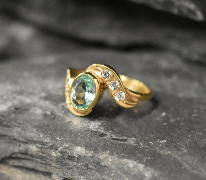 Gold Aquamarine Ring, Created Aquamarine, Blue Diamond Ring, Gold Vintage Ring, Aqua Gold Ring, Aquamarine Ring, Aqua Ring, 925 Silver Ring image 1