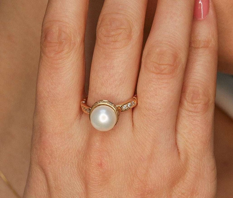 Gold Pearl Ring, Pearl Bridal Ring, Natural White Pearl, Pearl Engagement Ring, Gold Vermeil Ring, Vintage Pearl Ring, Gold Wedding Jewelry image 10