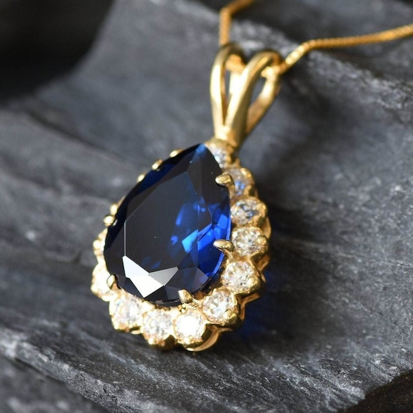 Gold Sapphire Pendant, Created Sapphire, Teardrop Pendant, Royal Blue Pendant, Kate Middleton Pendant, Blue Sapphire Pendant, Gold Vermeil