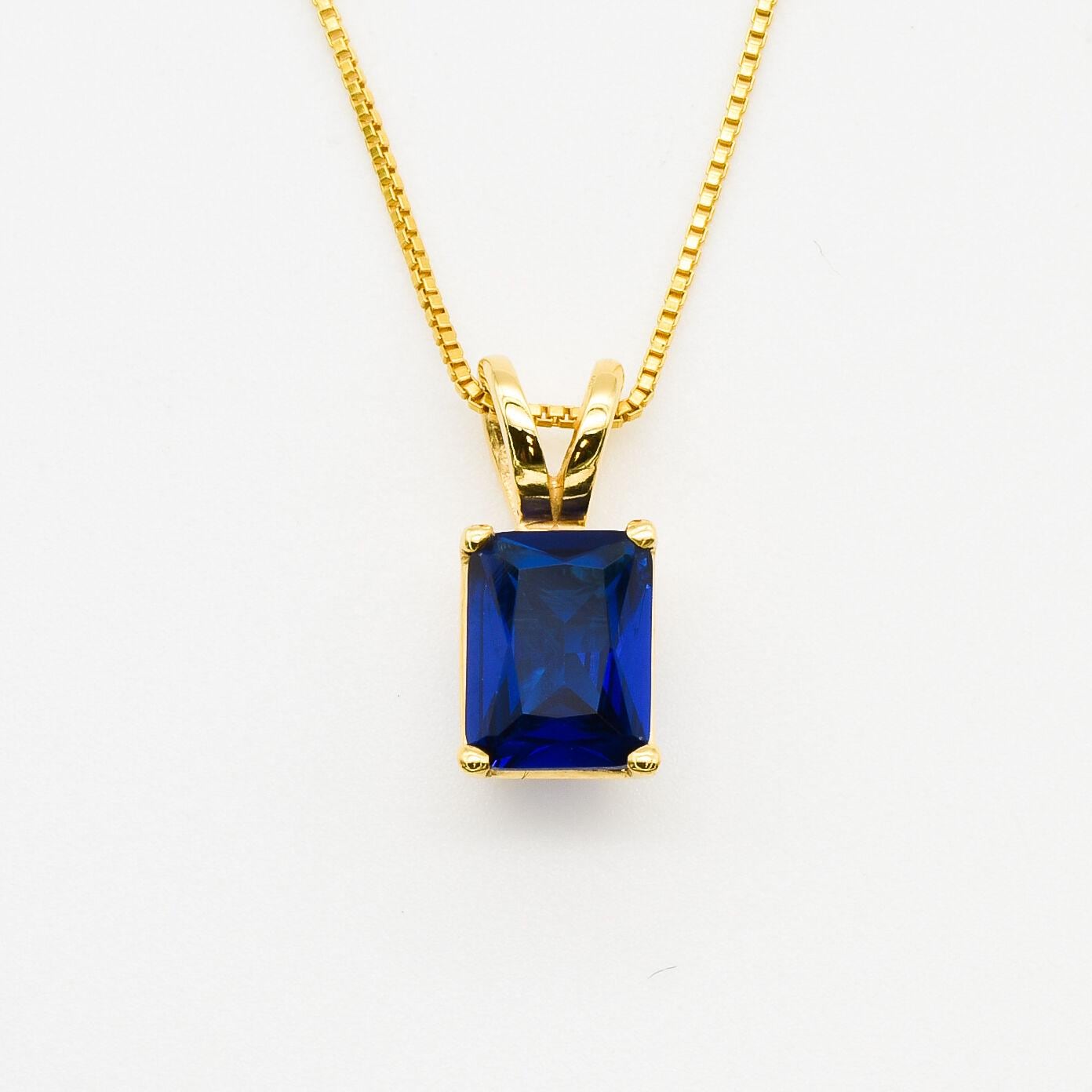 Gold Sapphire Pendant, Created Sapphire, Blue Octagon Pendant, Blue Sapphire Pendant, Blue Baguette Pendant, Gold Dainty Pendant, Sapphire