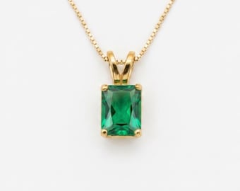 Gold Emerald Pendant, Created Emerald, Radiant Pendant, Octagon Pendant, Emerald Cut Pendant, Small Emerald Pendant, Dainty Emerald Pendant