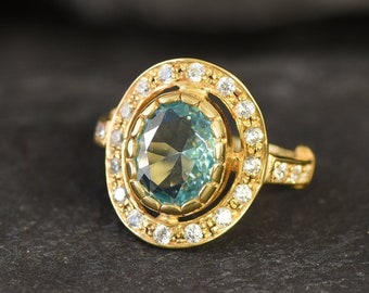 Anillo de aguamarina de oro, anillo de agua creado, anillo de diamantes azules, anillo vintage, anillo de declaración, anillo victoriano, anillo vermeil de oro, chapado en oro de 18 quilates