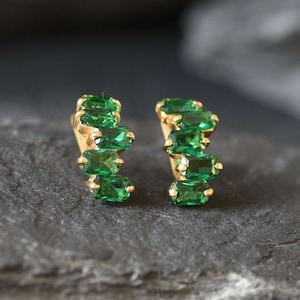 Gold Emerald Earrings, Created Emerald, Gold Baguette Earrings, Gold Half Hoops, Gold Green Earrings, Emerald Earrings, Vermeil Earrings