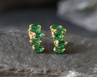 Gold Emerald Earrings, Created Emerald, Gold Baguette Earrings, Gold Half Hoops, Gold Green Earrings, Emerald Earrings, Vermeil Earrings