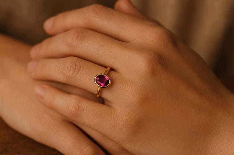 Solitaire Ruby Ring - Gold Ruby Band, July Birthstone Ring