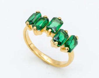 Gold Emerald Ring, Created Emerald, Emerald Ring, Gold Green Ring, Baguette Ring, Emerald Cut Ring, Half Eternity Band, Gold Vermeil Ring
