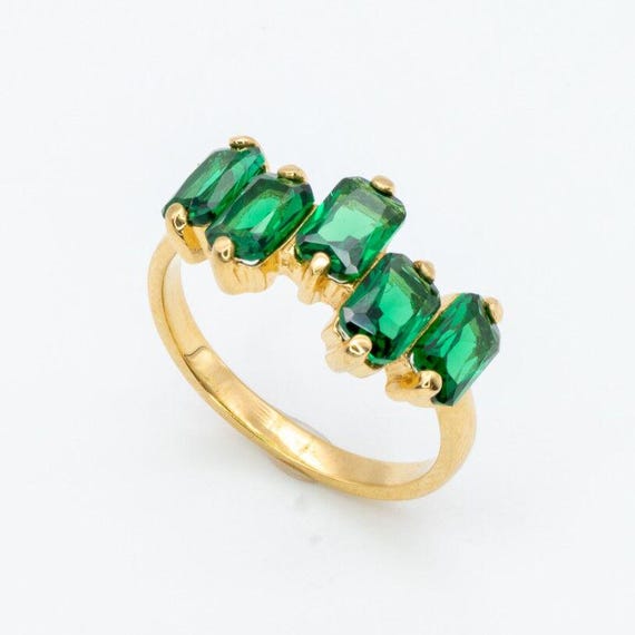 Gold Emerald Ring, Created Emerald, Emerald Ring, Gold Green Ring, Baguette Ring, Emerald Cut Ring, Half Eternity Band, Gold Vermeil Ring