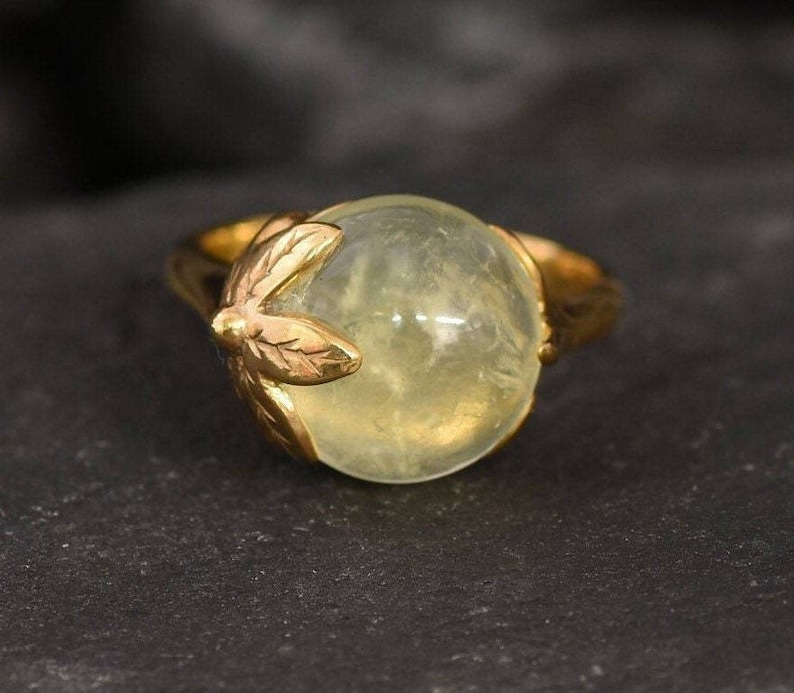 Anillo de hoja de oro, prehnita natural, anillo de piedra natal de mayo, anillo de flor de oro, anillo antiguo de oro, anillo vintage, anillo de plata maciza, chapado en oro de 18 quilates imagen 8