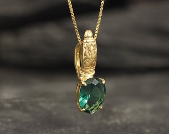 Gold Emerald Pendant, Created Emerald Pendant, Green Tribal Pendant, Vintage Emerald Pendant, Dainty Emerald Necklace, 18K Emerald Pendant