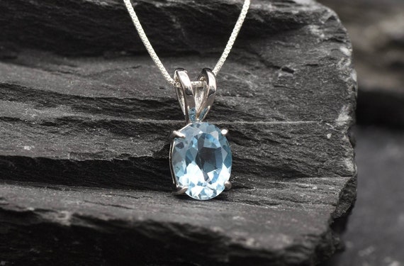 Blue Topaz Necklace, White Gold Pendant, Natural Blue Topaz, Blue Oval Pendant, December Birthstone, Layered Necklace, Solid Silver Pendant