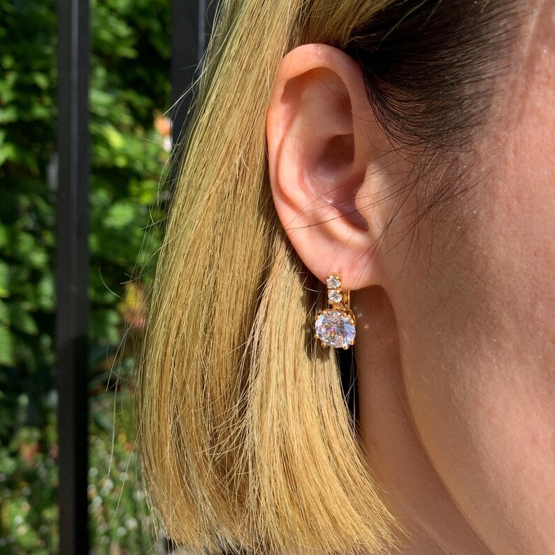 Gold CZ Earrings, Diamond Earrings, 2 carat Diamond, Created Diamond, Bridal Diamond Earrings, Bridal Earrings, CZ Diamonds, Solid Silver image 6