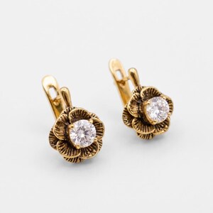 Gold Diamond Earrings, Created Diamond, Rose Diamond Earrings, Diamond Flower Earrings, Diamond Leverback Earrings, Vintage Floral Earrings