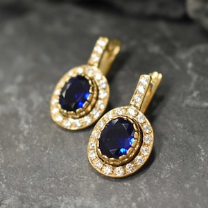 Gold Sapphire Earrings, Created Sapphire, September Earrings, Vintage Earrings, Sapphire Earrings, Blue Earrings, Gold Earrings, Sapphire