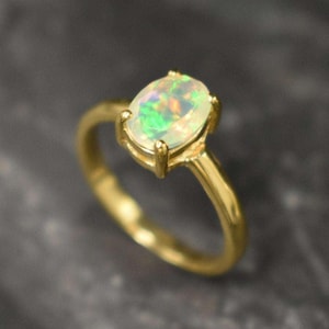 Gold Opal Ring, Opal Ring, Natural Opal, October Birthstone, Gold Solitaire Ring, Fire Opal Ring, 14K Gold Plated Ring, Gold Vintage Ring