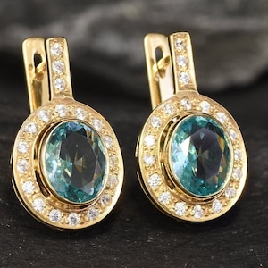 Gold Aquamarine Earrings, Created Aquamarine, Gold Victorian Earrings, Gold Vintage Earrings, Blue Diamond Earrings, Gold Plated Earrings