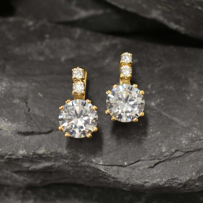 Gold CZ Earrings, Diamond Earrings, 2 carat Diamond, Created Diamond, Bridal Diamond Earrings, Bridal Earrings, CZ Diamonds, Solid Silver image 8
