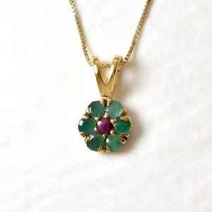 Gold Flower Pendant, Natural Emerald, May Birthstone, Dainty Pendant, Vintage Necklace, Daisy Pendant, Vermeil Pendant, Ruby July Birthstone