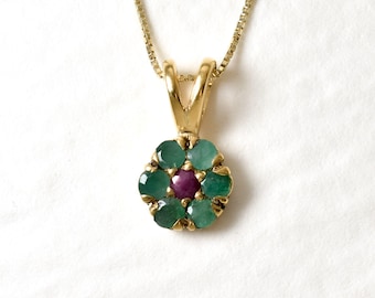 Gold Flower Pendant, Natural Emerald, May Birthstone, Dainty Pendant, Vintage Necklace, Daisy Pendant, Vermeil Pendant, Ruby July Birthstone