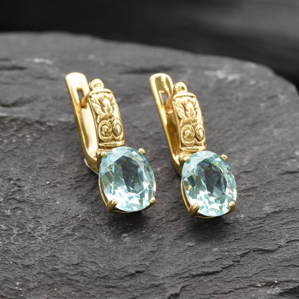 Gold Aqua Earrings, Tribal Earrings, Aquamarine Earrings, Created Aquamarine, Light Blue Earrings, 18K Vermeil Earrings, Blue Stone Earrings