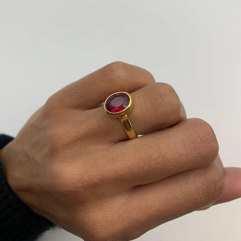 Gold Ruby Ring, Oval Ruby Ring, Ruby Gold Band, July Birthstone, Solitaire Ruby Ring, Red Ring, Gift For Her, Bezel Ring, 18k Gold Vermeil image 7