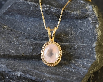 Lovely 14K Gold Vermeil Rose Quartz Crystal Necklace Rose