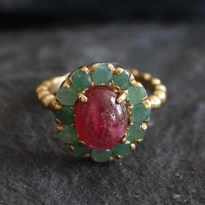 Gold Ruby Ring, Natural Ruby, Natural Emerald, Victorian Ring, Gold Plated Ring, Vintage Ring, Halo Ring, 3 Carat Oval Ring, Vermeil Ring