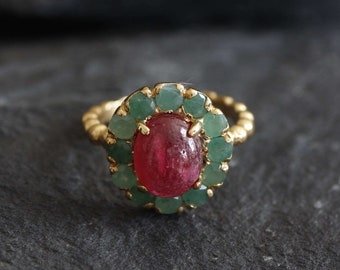 Gold Ruby Ring, Natural Ruby, Natural Emerald, Victorian Ring, Gold Plated Ring, Vintage Ring, Halo Ring, 3 Carat Oval Ring, Vermeil Ring