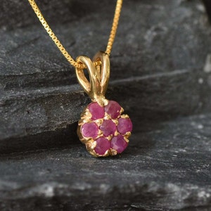 Gold Ruby Pendant, Natural Ruby, Red Flower Pendant, Daisy Pendant, Dainty Pendant, July Birthstone, Gold Plated Pendant, Gold Vermeil