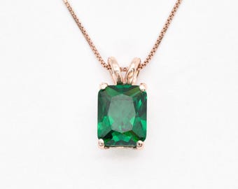 Green Emerald Necklace, Rose Gold Emerald Necklace, Created Emerald Necklace, Green Radiant Cut Pendant, Layering Necklace, Gold by Adina