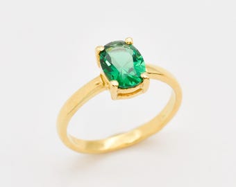 Gold Emerald Ring, Emerald Ring, Created Emerald, Green Solitaire Ring, Gold Vintage Ring, Green Diamond Ring, Green Ring, Sterling Silver