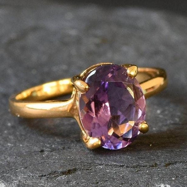 Gold Amethyst Ring, Natural Amethyst, Solitaire Ring, February Birthstone, Proposal Ring, 3 Carat Ring, Purple Promise Ring, Gold Vermeil