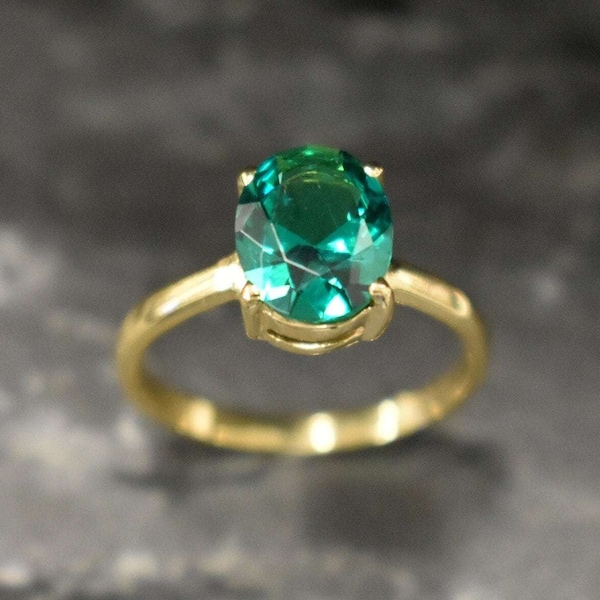 Gold Emerald Ring, Created Emerald, Solitaire Ring, Gold Plated Ring, Engagement Ring, Promise Ring, 3 Carat Ring, Green Ring, Vermeil Ring