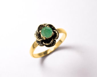 Gold Emerald Ring, Vintage Flower Ring, Emerald Flower Ring, Natural Emerald, May Birthstone, Rose Flower Ring, Gold Vermeil Ring, Emerald